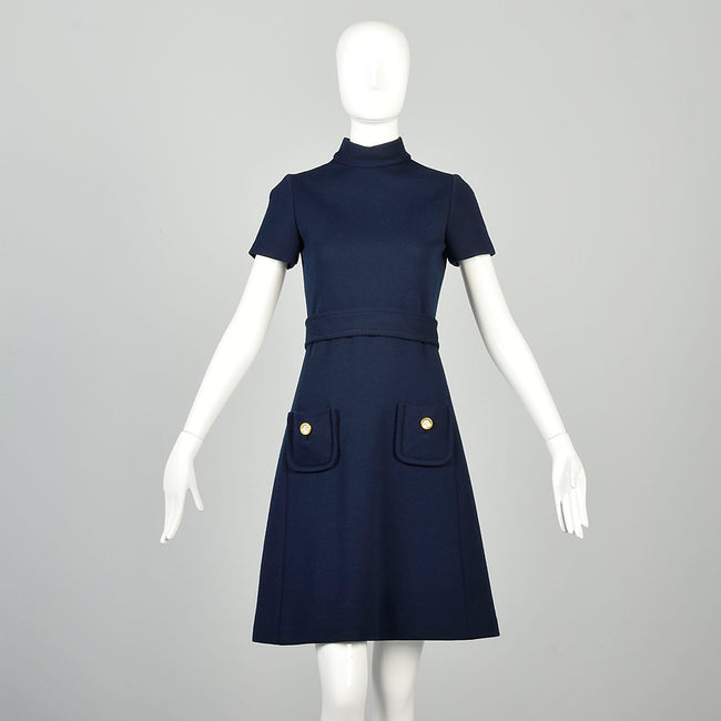 XXS 1970s Mod Dress Shift Minimalist Patch Pockets Navy Blue Knit