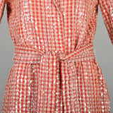 Large 1970s Long Sleeve Maxi Dress Red Gingham Sequin Picnic Country Glamour Tablecloth