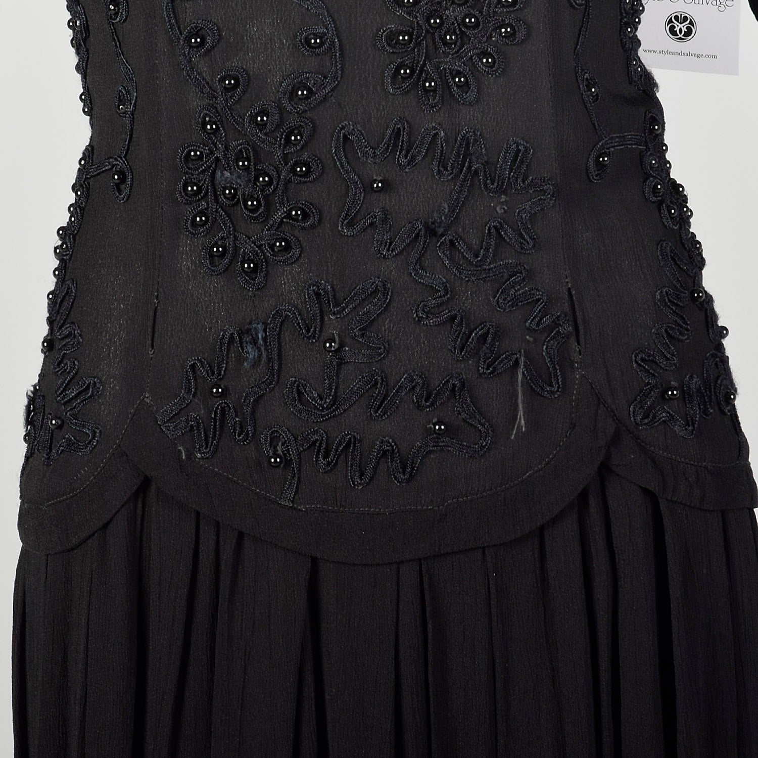 Medium 1990s Dress Black Beaded Crepe Quarter-Sleeve LBD