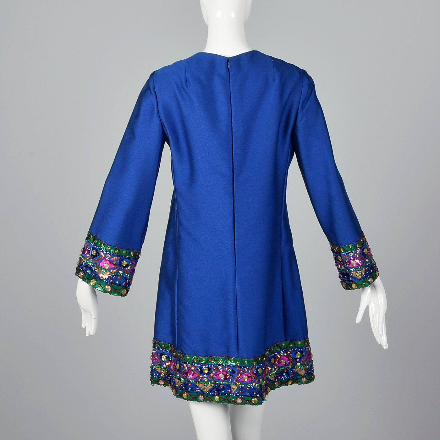 Large 1960s Marshall Field & Co. 28 Shop Blue Shift Dress with Sequin Trim Unlabeled Malcolm Starr