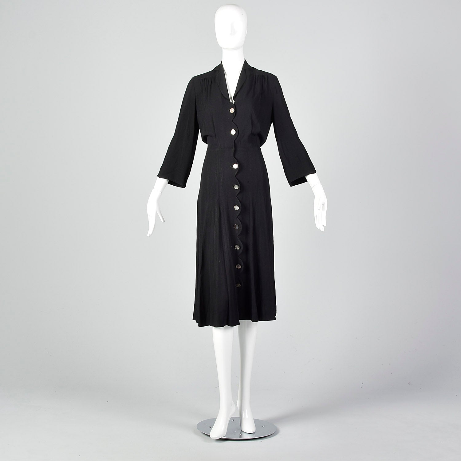1940s Scalloped Black Rayon Dress
