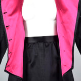 Yves Saint Laurent Rive Gauche Black Satin Satin Skirt Suit with Hot Pink Lining