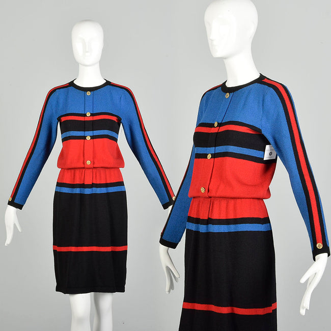 XS-Small 1980s Adolfo Long Sleeve Sweater Dress Color Block Knit Stripe Dress