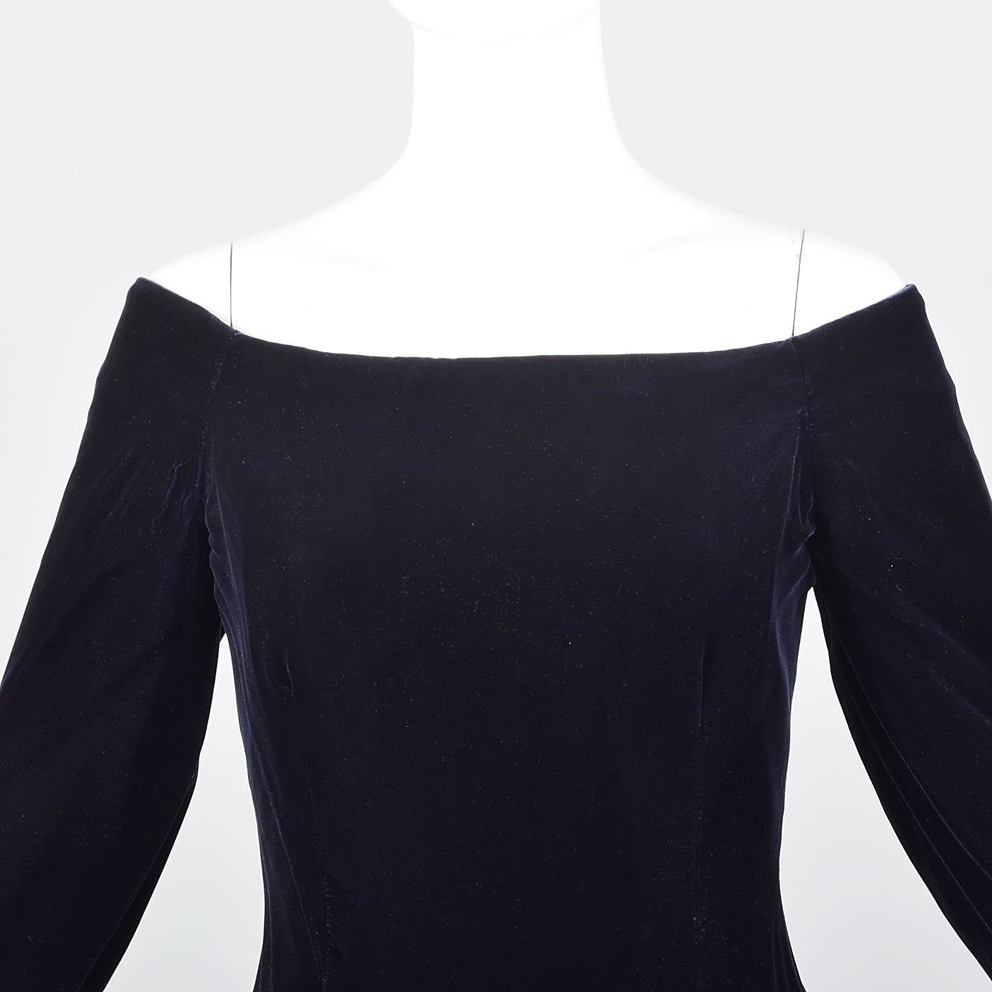 Off Shoulder Scaasi Drop Waist Party Dress in Navy Blue