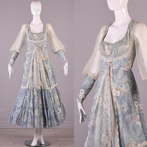 1970s Gunne Sax Long Sleeve Maxi Dress with Faux Corset Laced