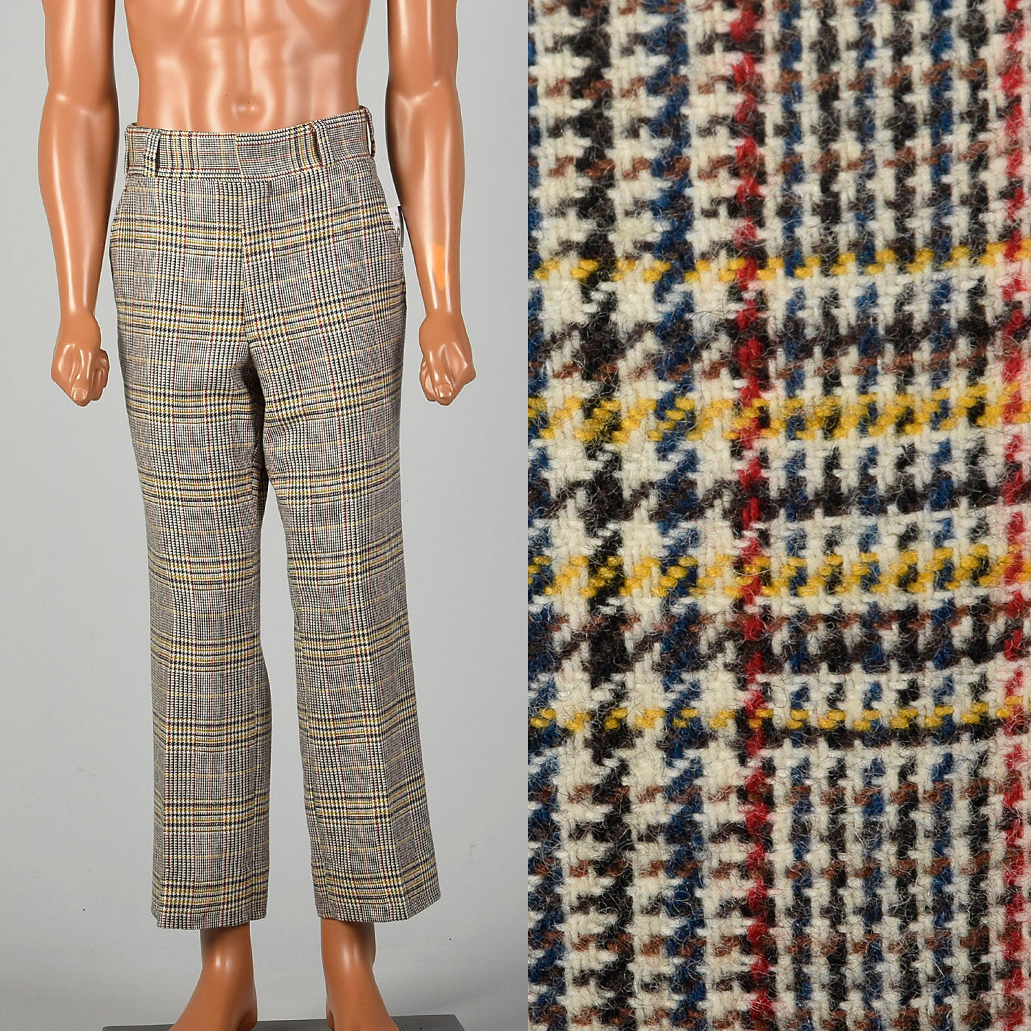 Small 1960s Mens Plaid Wool Pants Flat Front Straight Leg Short