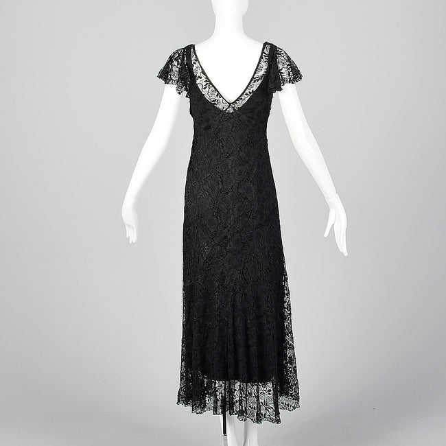 1930s Black Lace Dress with Sheer Flutter Sleeves