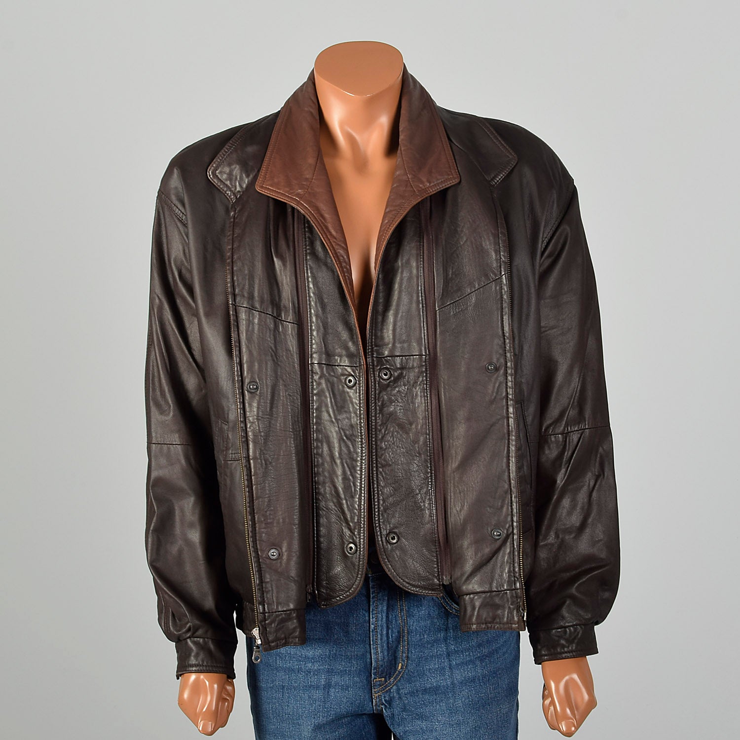 Large Remy Mens 1990s Chocolate Brown Leather Jacket