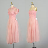 Small 1950s Strapless 2pc Set Pink Lace Tulle Evening Party Prom Dress