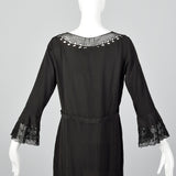 1930s Black Dress with Sheer Trim and Belt