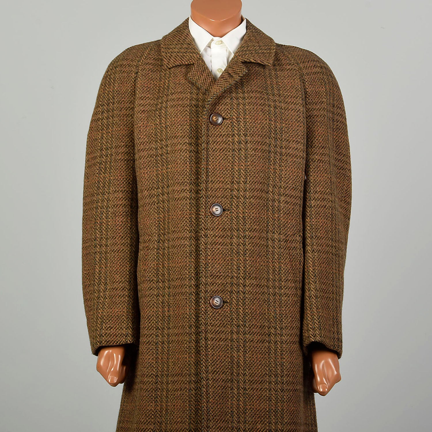 XL 1970s Jacket Brown Plaid Herringbone Wool Tweed Winter Car Coat