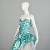 Small 1980s Strapless Sea Foam Aqua Asymmetric Lace Ruffle Prom Formal Evening Dress