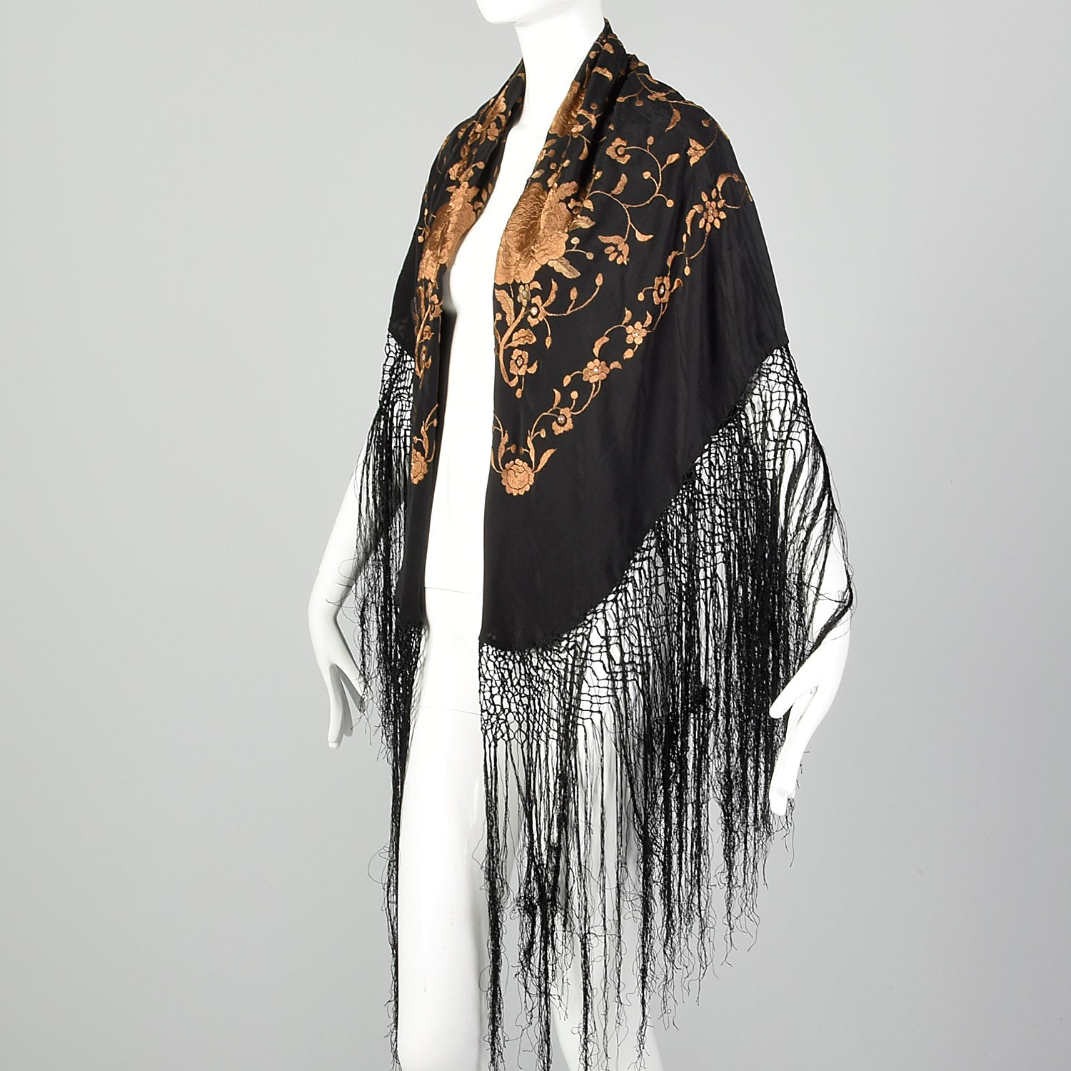 Black Silk Piano Shawl Brown Floral Embroidery Rhinestones with Fringe