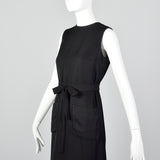 1960s Classic Little Black Dress Belted Sleeveless Shift with Patch Pockets