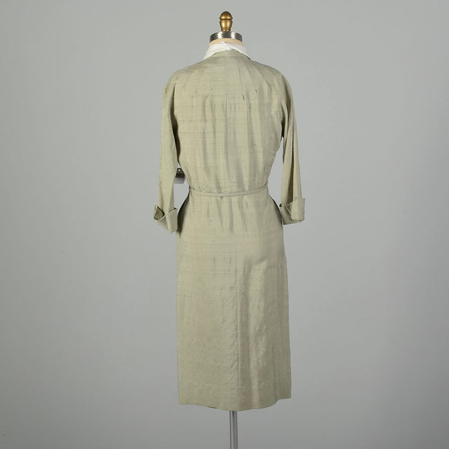 Medium 1950s Dress Designer Sage Green Lightweight Silk Long Sleeve