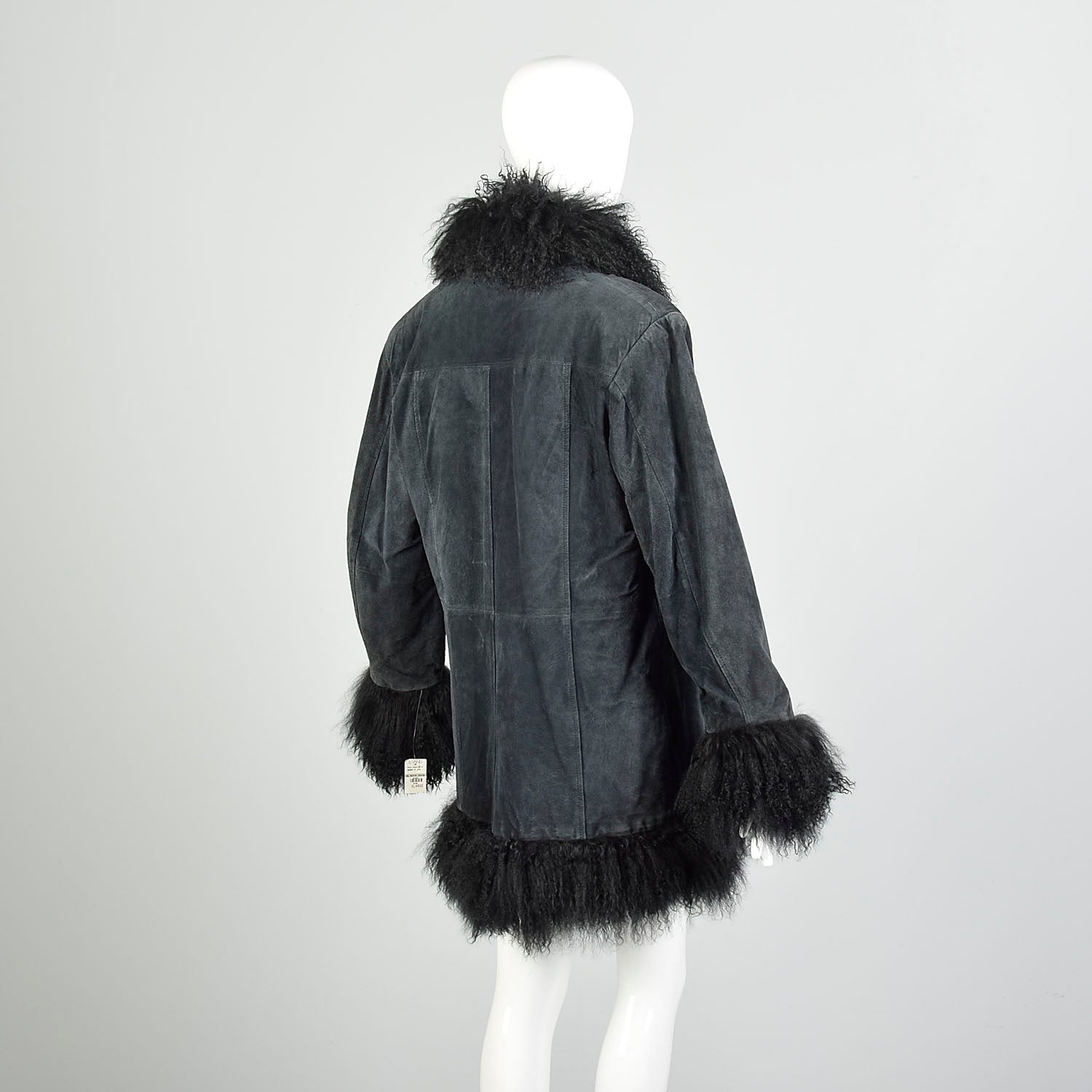 XL 1990s Fur Trimmed Winter Jacket Mongolian Lamb Black Suede Leather Car Coat