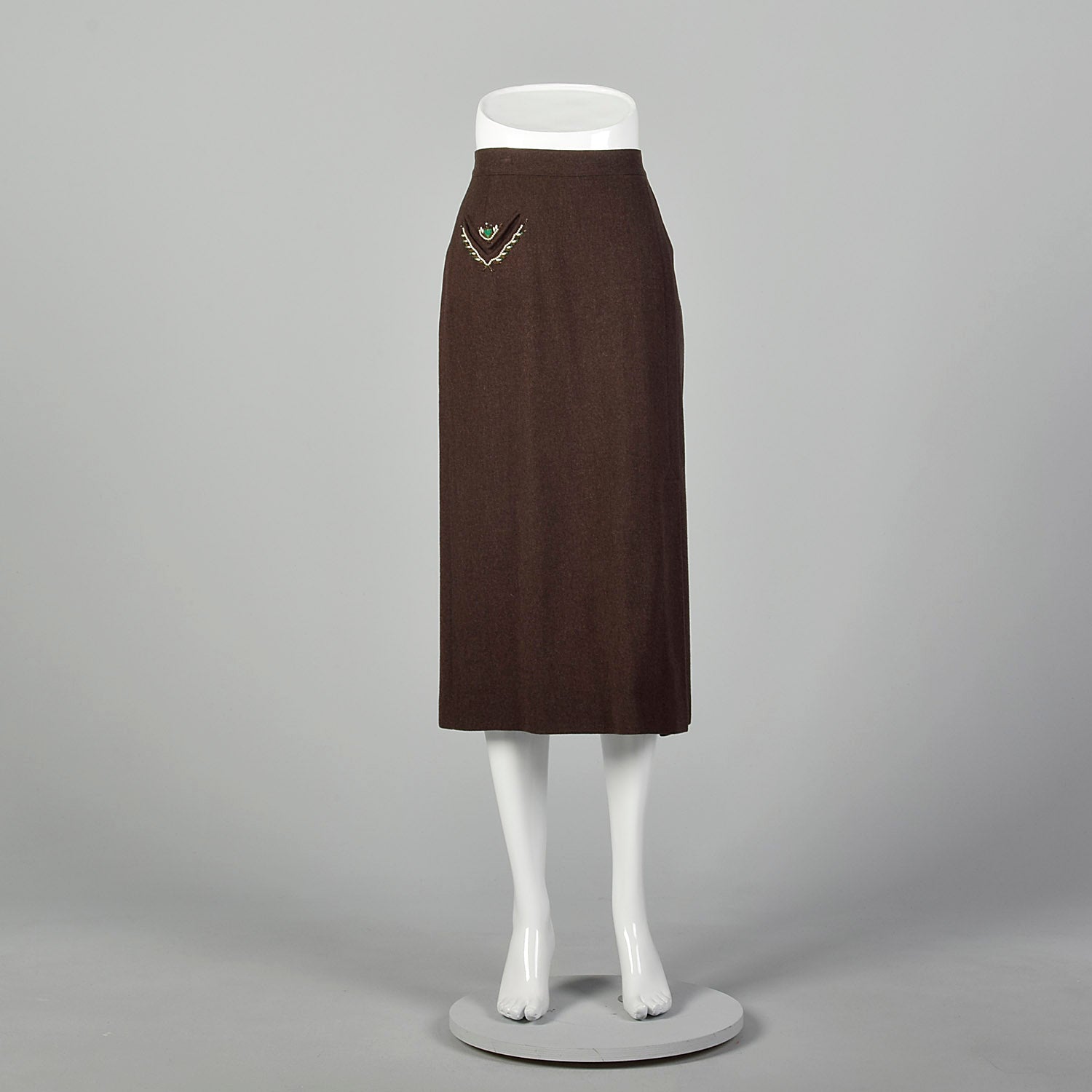 Medium 1950s Brown Wool Skirt With Decorative Beading
