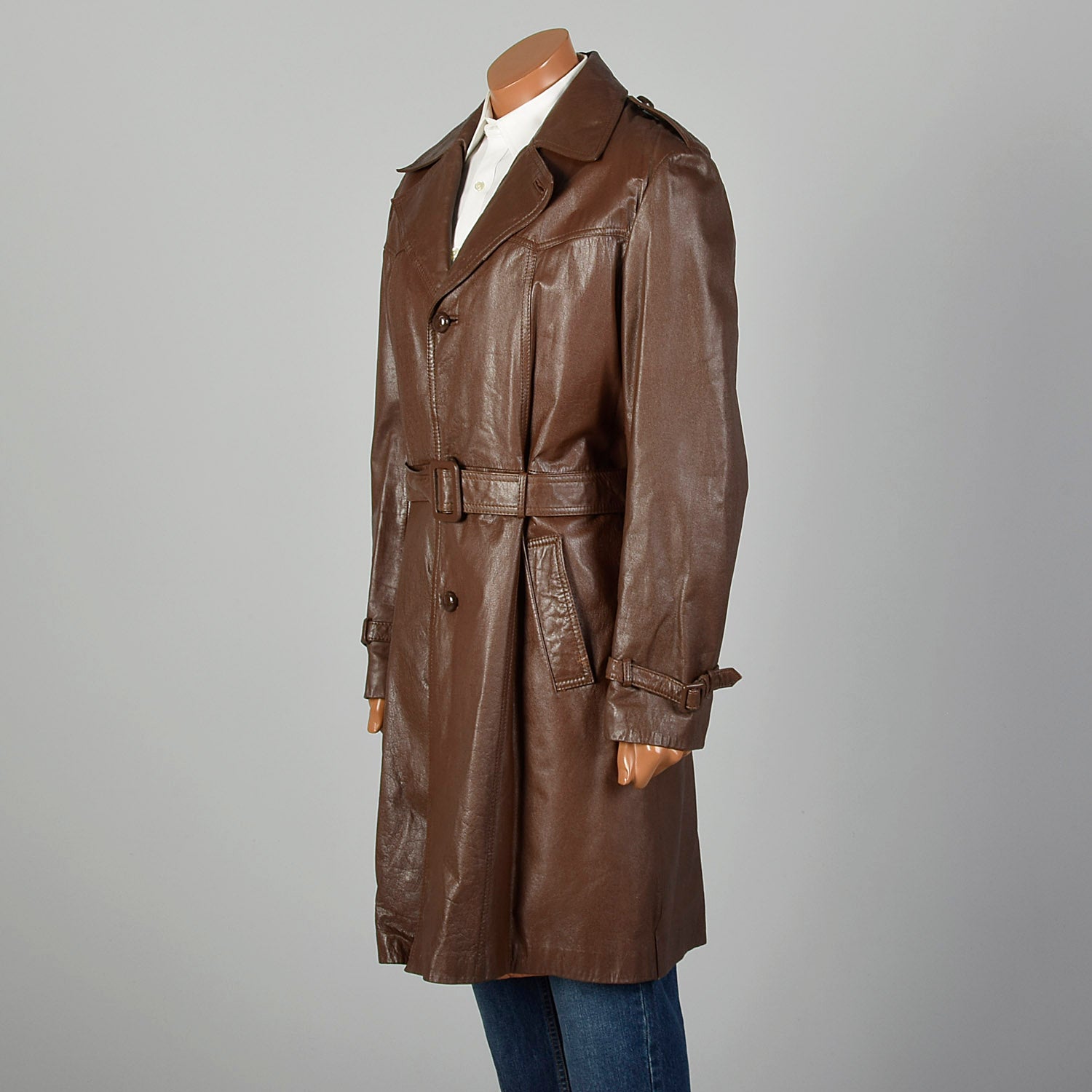 Medium-Large 1970s Brown Leather Trench