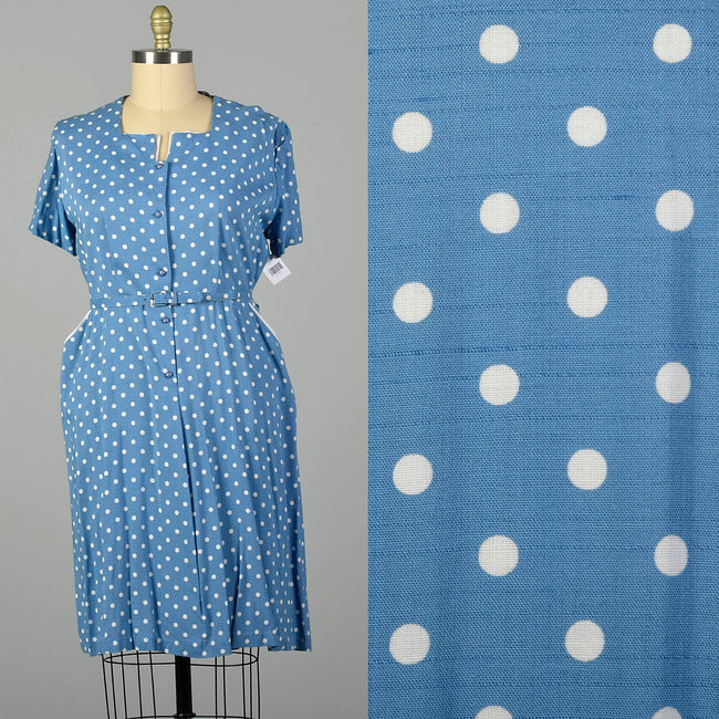 3XL 1950s Blue Day Dress Polka Dot Short Sleeve Volup Summer Casual