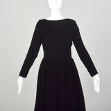 Small 1950s Black Velvet Cocktail Dress Winter Holiday Long Sleeve Timeless LBD