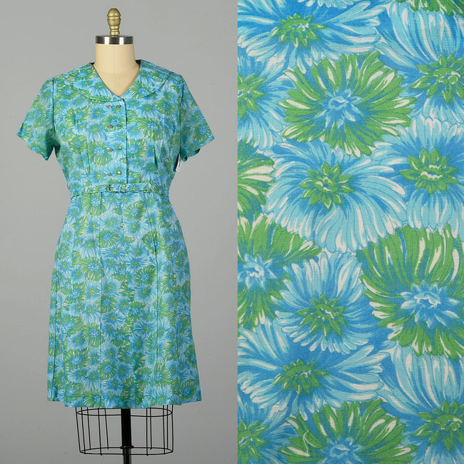 3XL 1950s Blue Floral Day Dress Green Short Sleeve Casual Volup