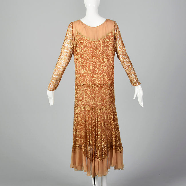 1930s Golden Brown Lace Dress with Chiffon Hem