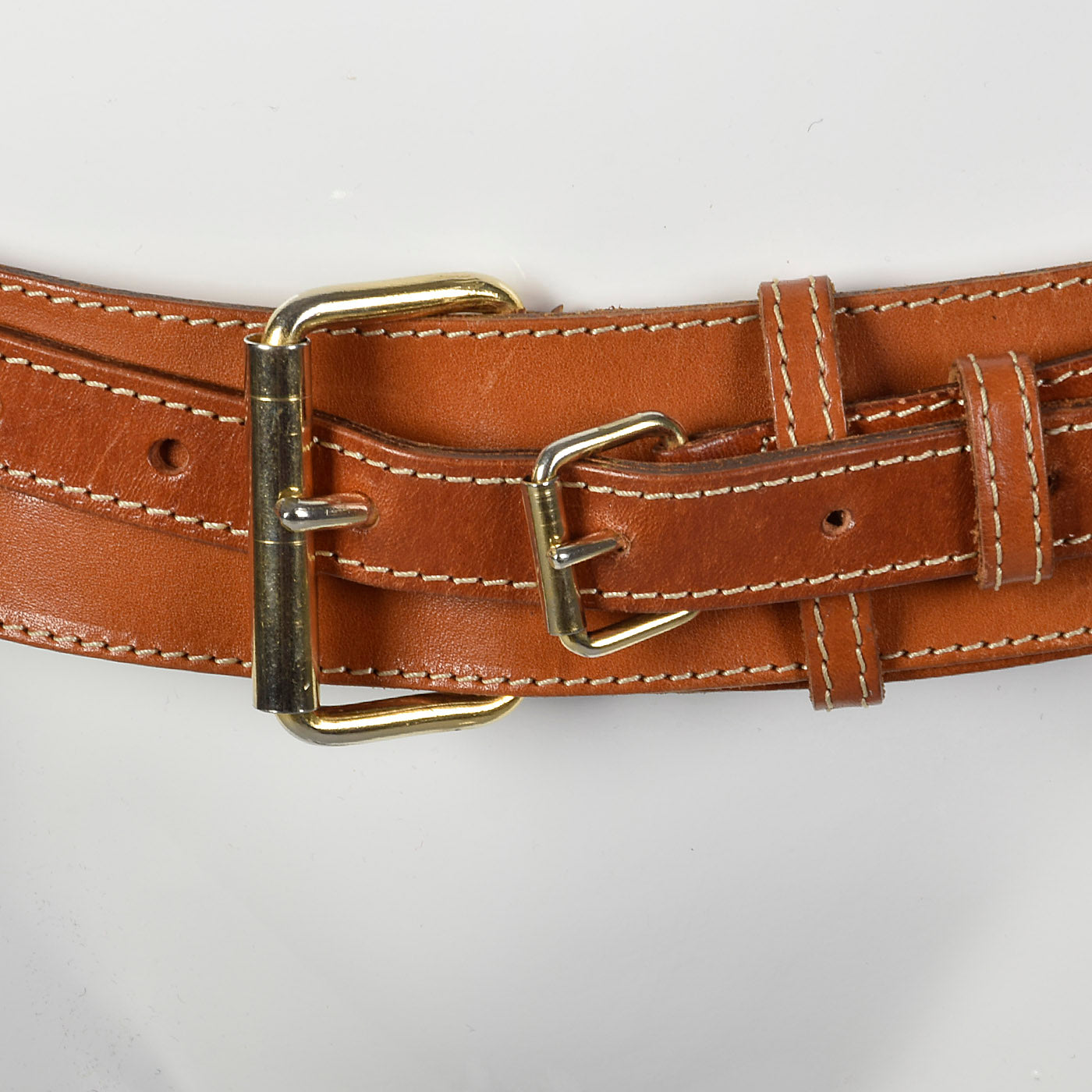 Brown Leather Belt with Double Gold Buckles