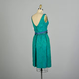 XS 1960s Blue Green Brocade Cocktail Dress Sleeveless Jewel Tone V-Neck Party Dress
