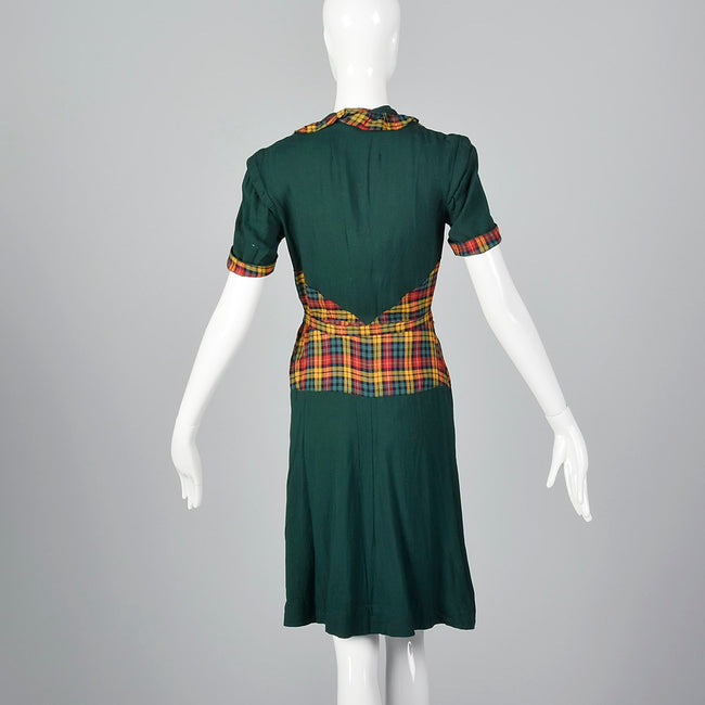 1930s Green Dress with Colorful Plaid Trim