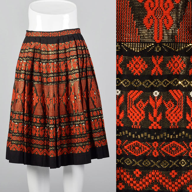 1950s Pleated Black Skirt with Red and Metallic Embroidery