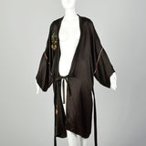 1920s Black Silk Dressing Gown Floral Wreath Appliqués