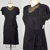 XL 1940s Little Black Dress Rayon Volup Beaded Illusion Neckline Evening Cocktail Gown LBD