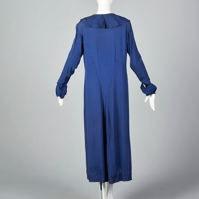 1930s Blue Dress with Ruffle Neckline