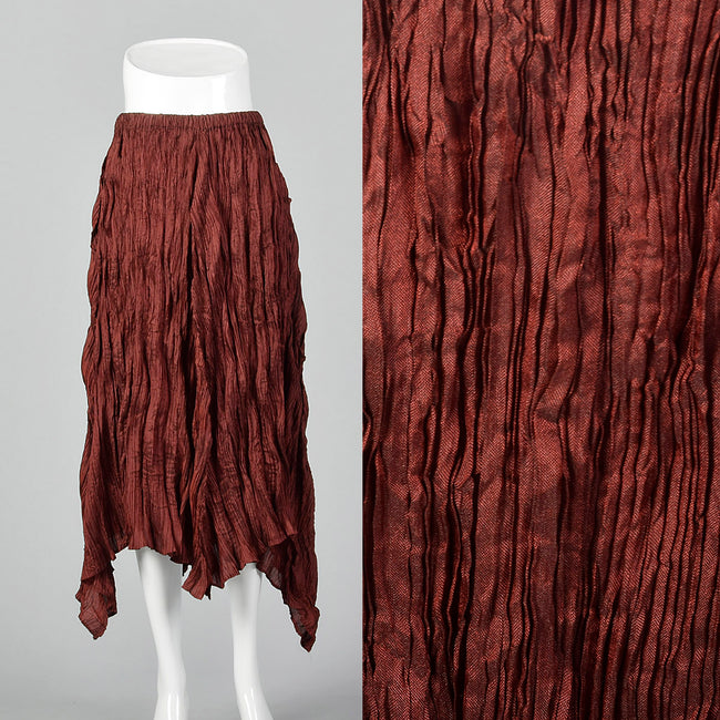 2000s Issey Miyake Iridescent Red Pleated Skirt with Asymmetric Hem
