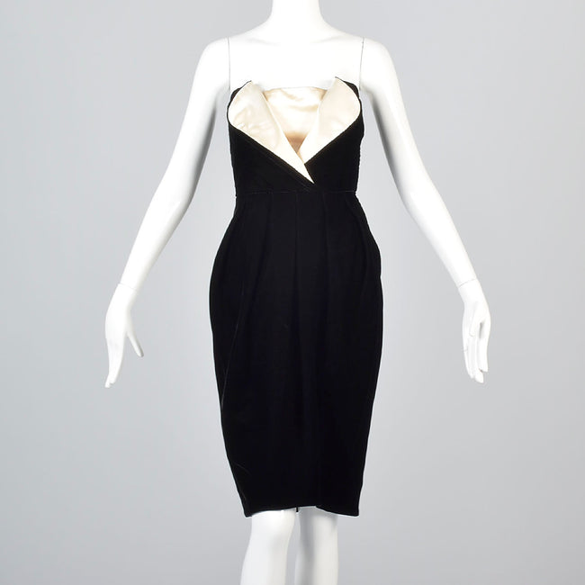 Timeless Lanvin Black Velvet Strapless Dress with Ivory Petal Bust