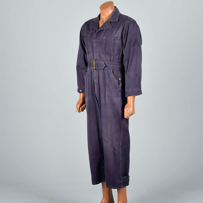 1940s Men's Blue Belted Work Wear Coveralls