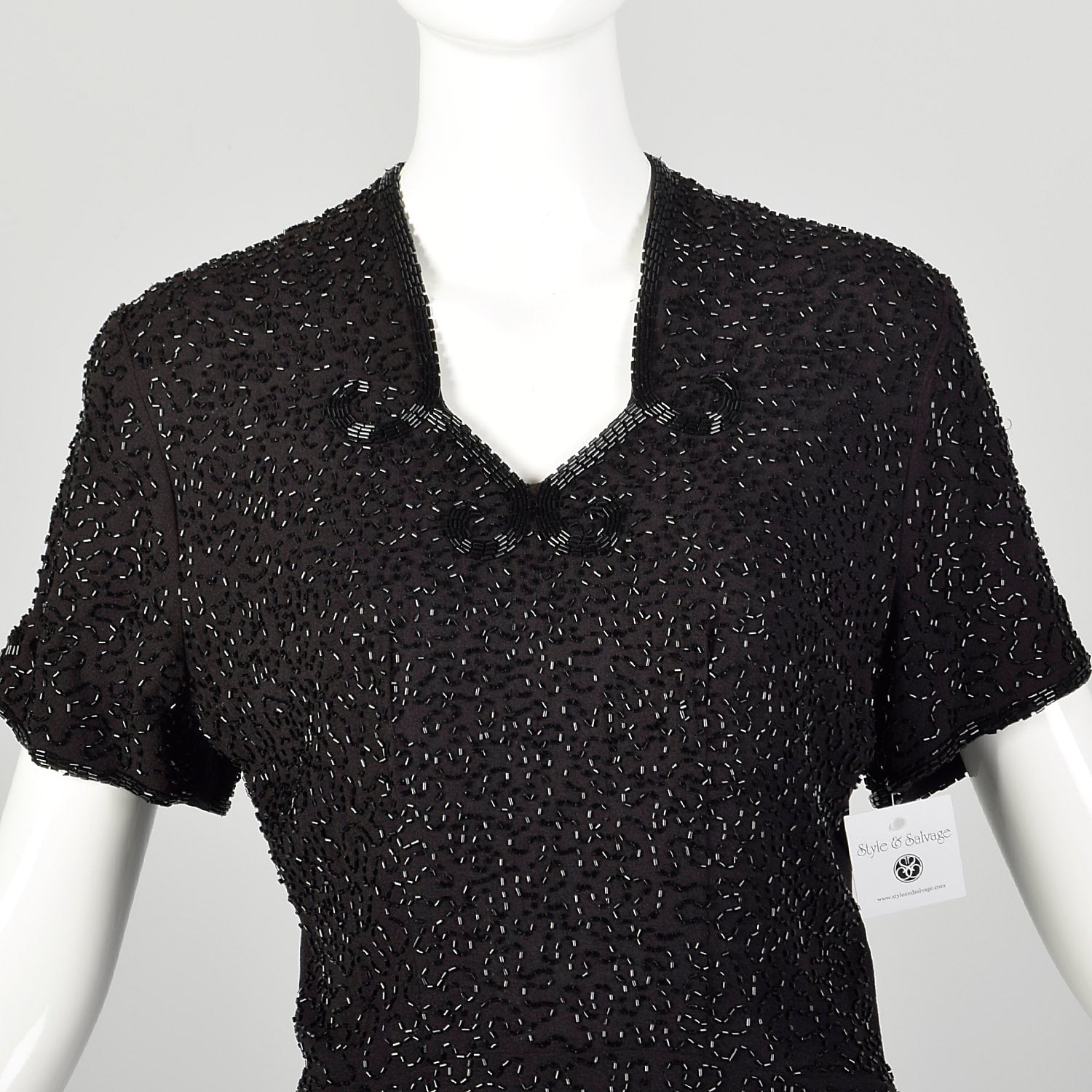 Medium 1940s Little Black Dress Beaded Art Deco Rayon Short Sleeve Peplum