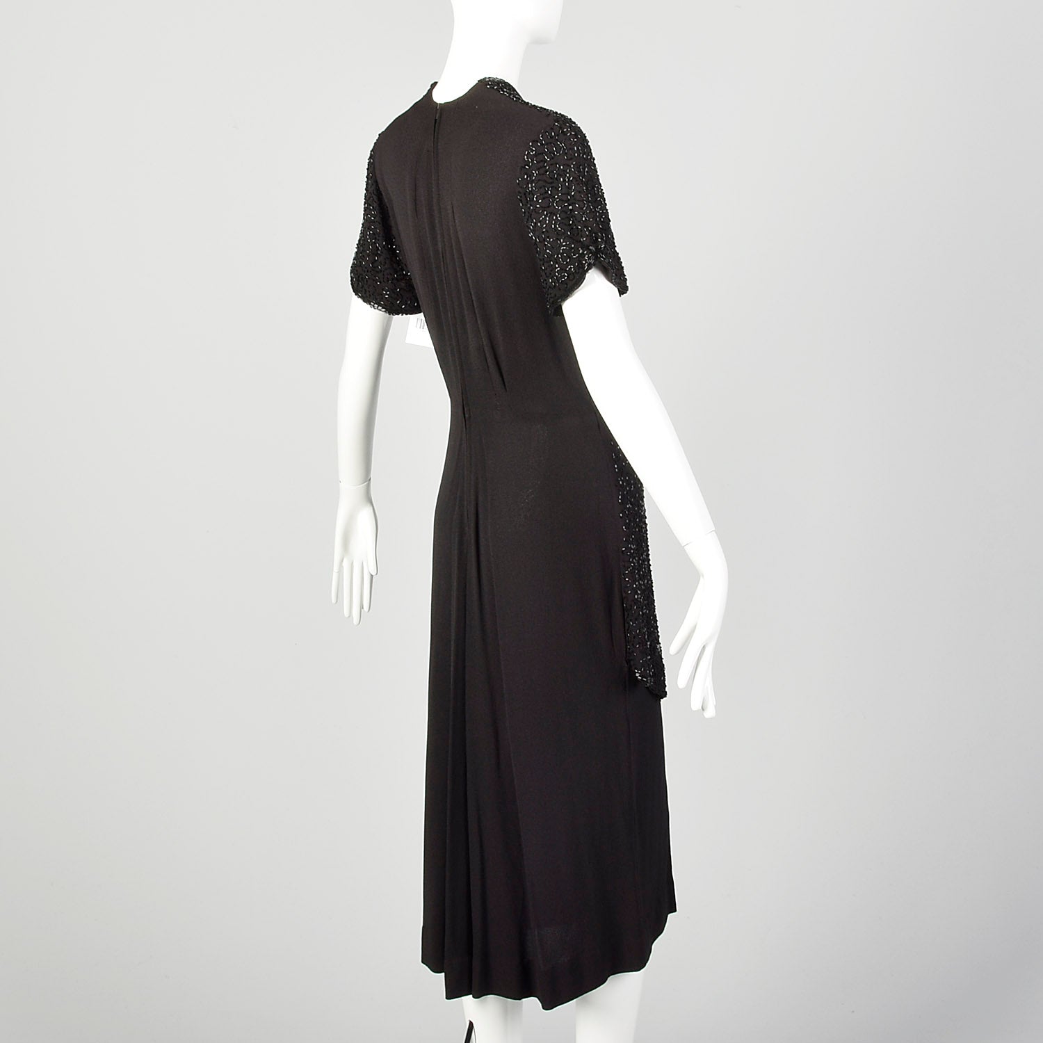 Medium 1940s Little Black Dress Beaded Art Deco Rayon Short Sleeve Peplum