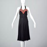 1930s Black Halter Dress with Pink Velvet Neckline
