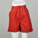 XS 1980s Red Leather Shorts Pleated Button Front Sexy Cuffed Bottoms