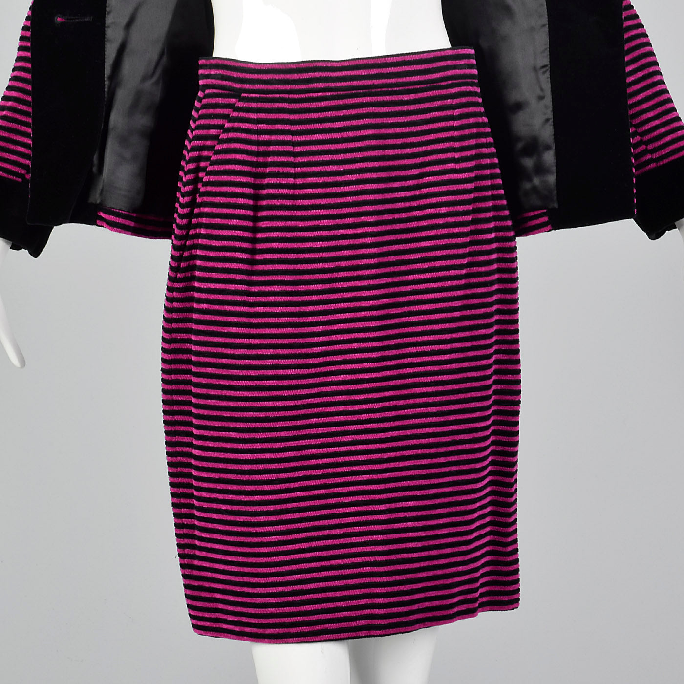 Yves Saint Laurent Rive Gauche Black & Fuchsia Striped Corduroy Skirt Suit