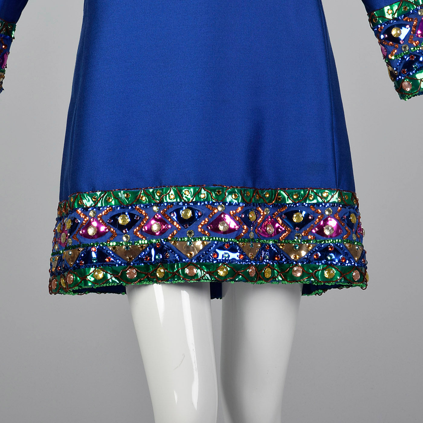 Large 1960s Marshall Field & Co. 28 Shop Blue Shift Dress with Sequin Trim Unlabeled Malcolm Starr