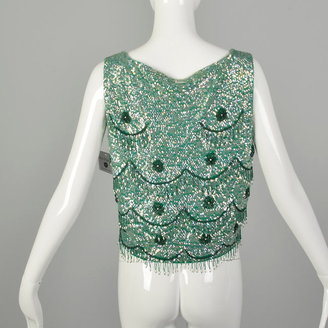 Medium 1960s Top Sleeveless Sequin Green Beaded Cocktail Evening Shirt