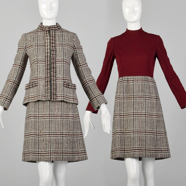 Small 1960s George Halley Tweed Dress Set Knit Bodice Woven Skirt Jacket Autumn Long Sleeve Outfit