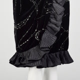 Large 1980s Escada Dress Black Velvet Glitter Ruffle Asymmetrical Hem Cocktail Party Evening Gown