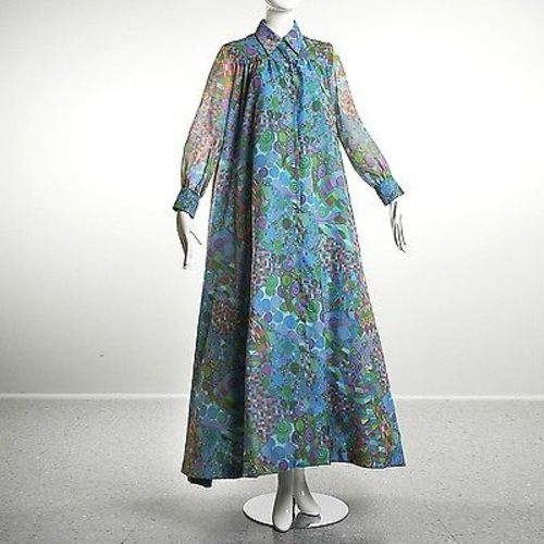 1960 Long Sleeve Maxi Tent Dress Trapeze Geometric Psychedelic Blue Belted