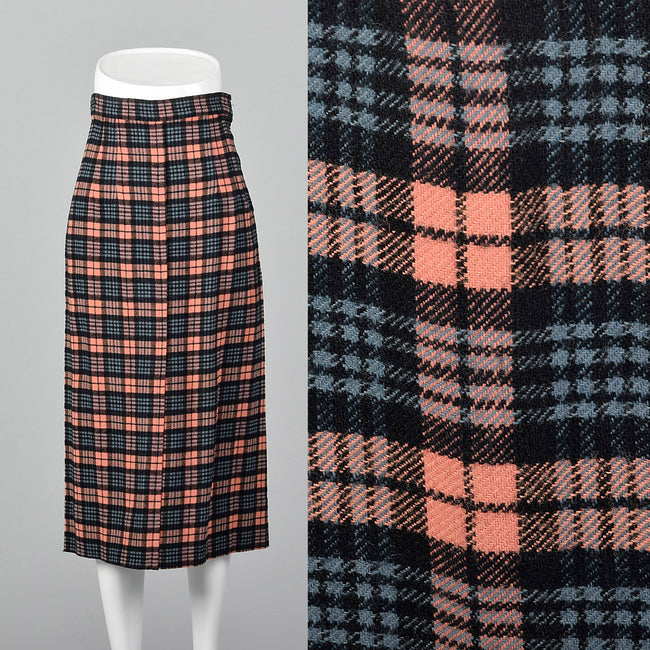 1940s Wool Pencil Skirt in Pink and Blue Plaid