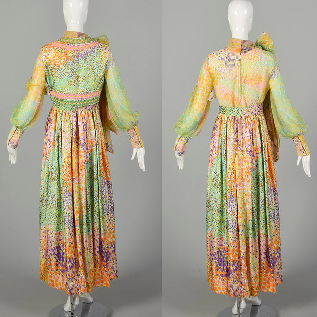 Medium 1970s Victor Costa Maxi Dress Set Abstract Boho Floral Print Long Sleeve Pussy Bow Embellished Bohemian Vest