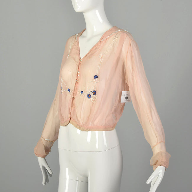 Large 1910s Edwardian Silk Blouse Pink Beaded Sailor Collar Long Sleeve