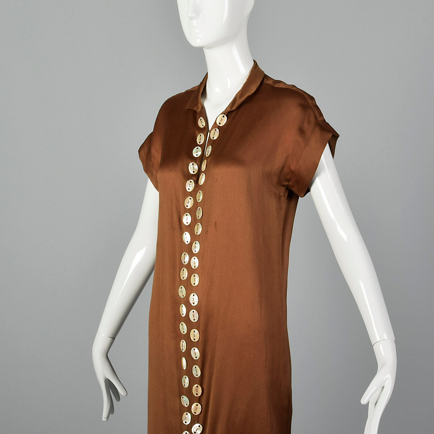 1920s Brown Silk Dress with Mother of Pearl Buttons